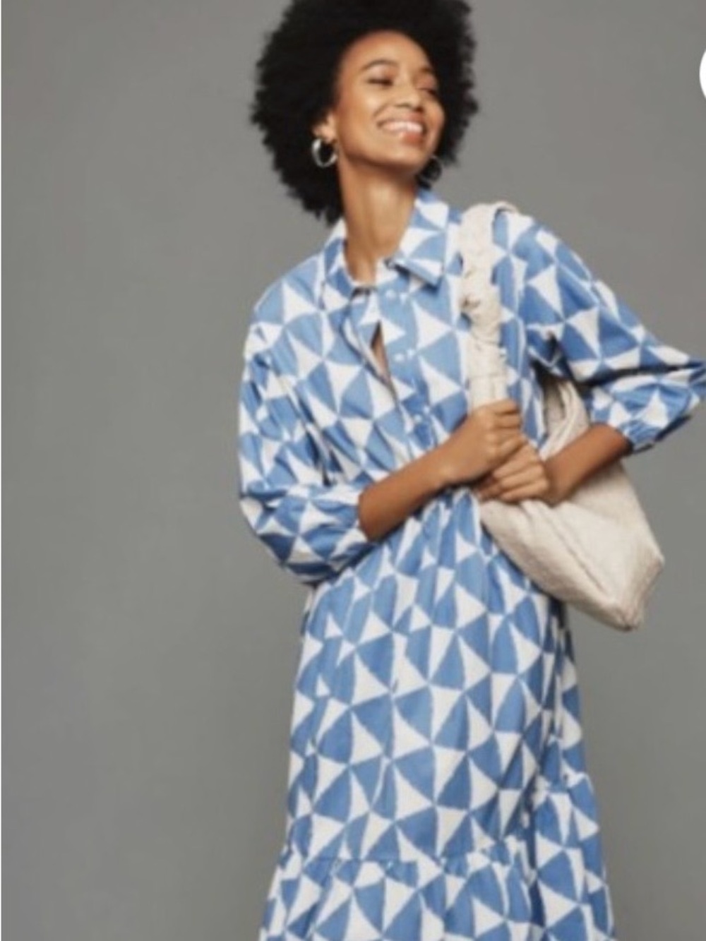Anthropologie Blue and White Geometric Tiered Shirt Dress